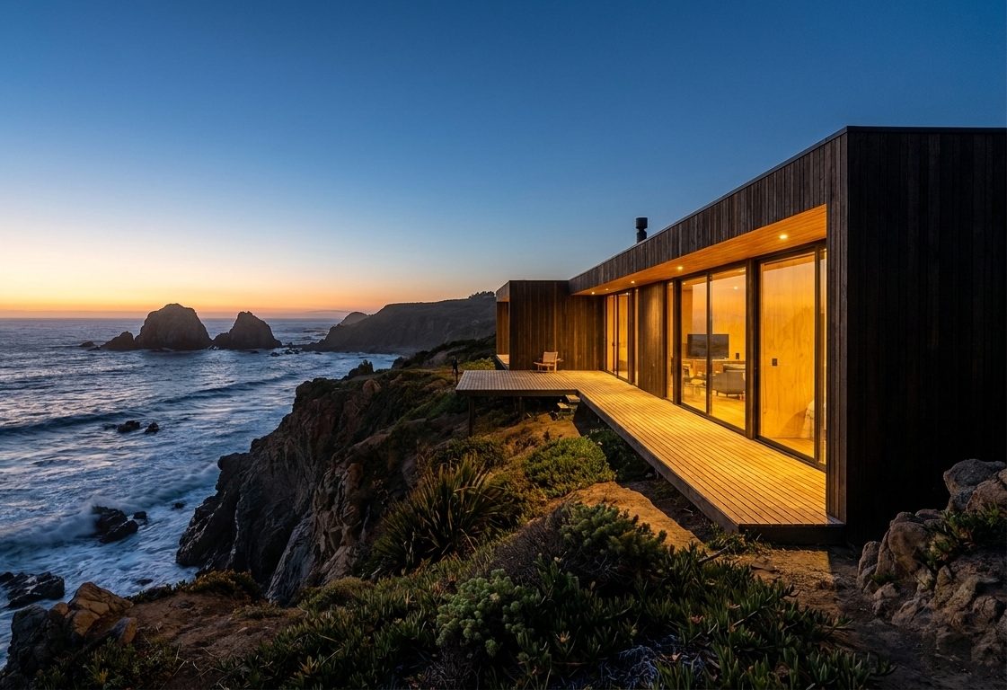 Casa MÜYEN de madera noble al atardecer, en un acantilado de la costa chilena