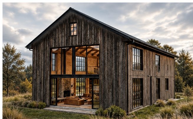 Casa MÜYEN tipo granero, de doble altura y revestimiento oscuro
