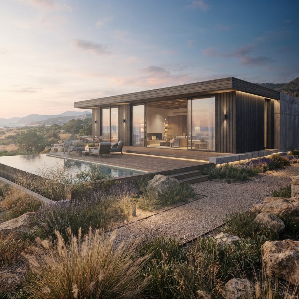 Interior luminoso de una casa MÜYEN de línea Mediterránea, con grandes ventanales