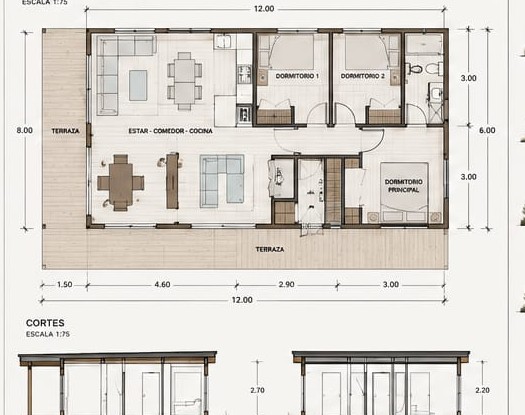 Plano de arquitectura, Modelo Mediterráneo 72m²